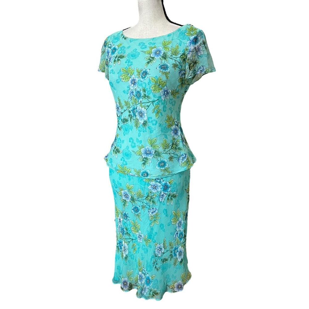 VTG 90s Robbie Bee Aqua Blue Floral Silk Cowled Back Top & Ruffle Skirt Set 10 - Picture 3 of 8